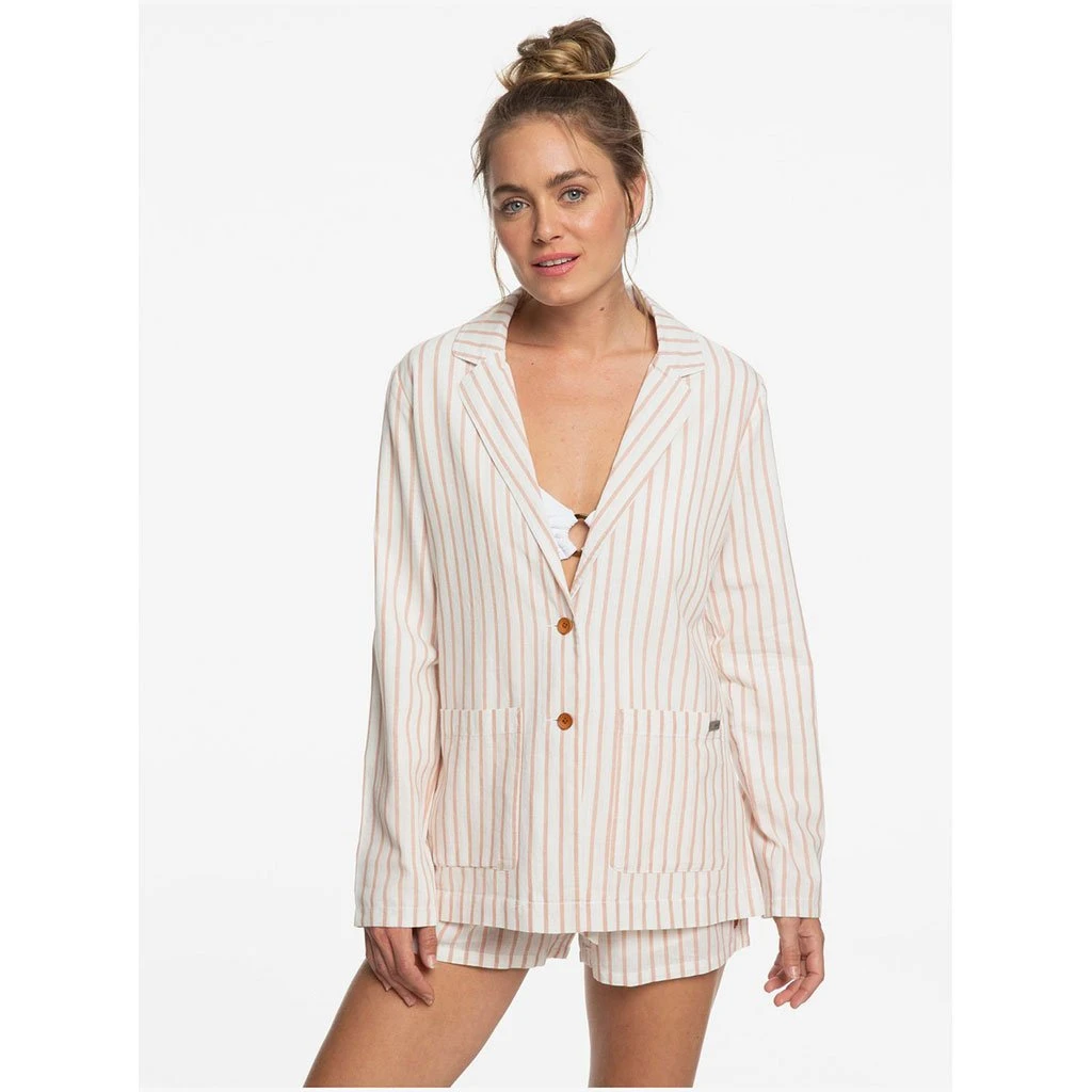 Roxy Day To Night Striped Linen Blazer In Cafe Creme (Tjb3) Jacket 3 Roxy Day To Night Striped Linen Blazer In Cafe Creme (Tjb3) Jacket